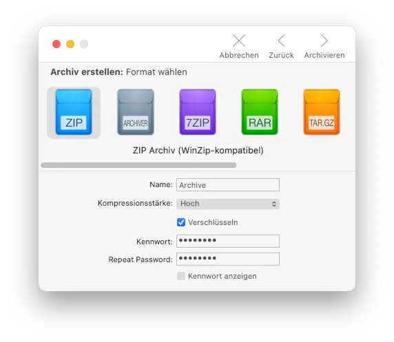 An Archiver compression in progress where you can see a password field to safely protect your compressed file.